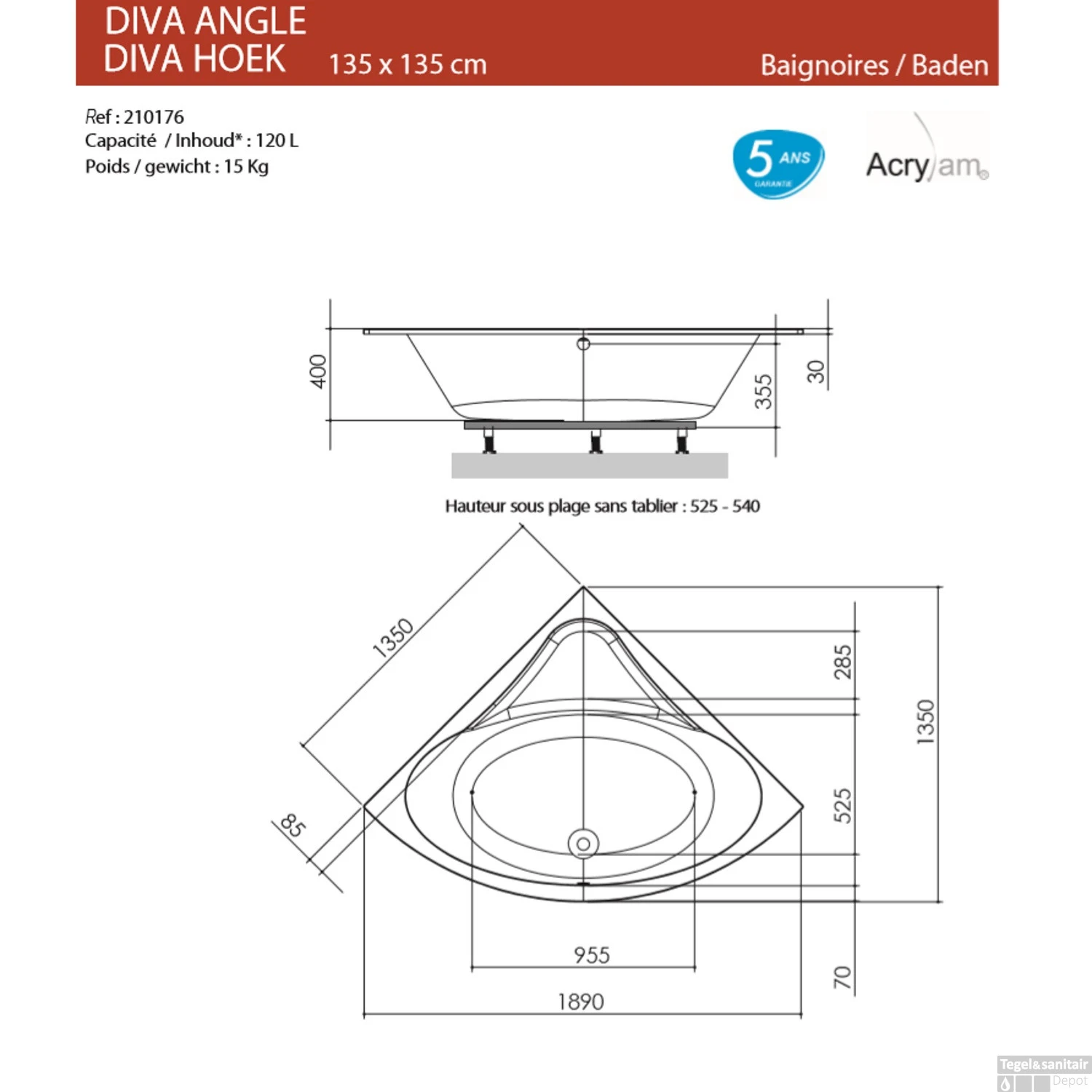 Hoekbad Allibert Diva Kwartrond 135x135 Cm 2 Hoekbad Allibert Diva Kwartrond 135x135 Cm - Afbeelding 2