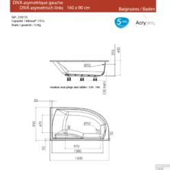 Hoekbad Allibert Diva 160x90 Cm Asymmetrisch Links 5 Hoekbad Allibert Diva 160x90 Cm Asymmetrisch Links -Zalig Baden Verkoopwinkel diva links 160x90 tech 1