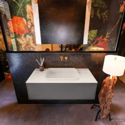 Badkamermeubelset Mondiaz Erin 100 Cm Met 1 Lade Met RIDGE Wastafel Midden Linen Zonder Kraangaten Greeploos Mat Dark Grey