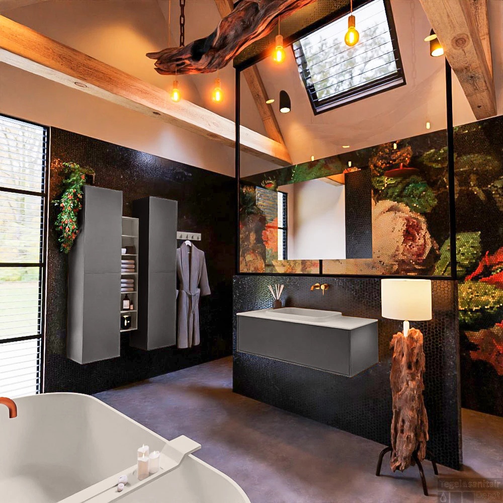 Badkamermeubelset Mondiaz Erin 100 Cm Met 1 Lade Met RIDGE Wastafel Midden Linen Zonder Kraangaten Greeploos Mat Dark Grey 2 Badkamermeubelset Mondiaz Erin 100 Cm Met 1 Lade Met RIDGE Wastafel Midden Linen Zonder Kraangaten Greeploos Mat Dark Grey - Afbeelding 2