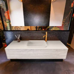 Badkamermeubelset Mondiaz Erin 150 Cm Met 1 Lade Met RIDGE Wastafel Midden Linen Met 1 Kraangat Greeploos Mat Light Brown Grey