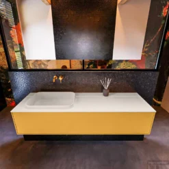 Badkamermeubelset Mondiaz Erin 150 Cm Met 1 Lade Met RIDGE Wastafel Links Linen Zonder Kraangaten Greeploos Mat Ocher