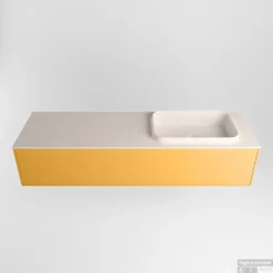 Badkamermeubelset Mondiaz Erin 150 Cm Met 1 Lade Met RIDGE Wastafel Rechts Linen Zonder Kraangaten Greeploos Mat Ocher -Zalig Baden Verkoopwinkel erin ocher ridge linen google 3 0014