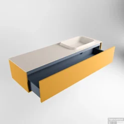 Badkamermeubelset Mondiaz Erin 150 Cm Met 1 Lade Met RIDGE Wastafel Rechts Linen Zonder Kraangaten Greeploos Mat Ocher -Zalig Baden Verkoopwinkel erin ocher ridge linen google 5 0014