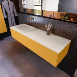 Badkamermeubelset Mondiaz Erin 150 Cm Met 1 Lade Met RIDGE Wastafel Links Linen Zonder Kraangaten Greeploos Mat Ocher -Zalig Baden Verkoopwinkel erin ocher ridge linen top 0013