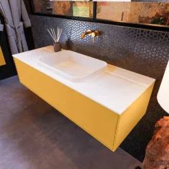 Badkamermeubelset Mondiaz Erin 120 Cm Met 1 Lade Met RIDGE Wastafel Midden Talc Zonder Kraangaten Greeploos Mat Ocher -Zalig Baden Verkoopwinkel erin ocher ridge talc top 0006