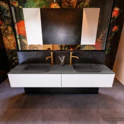 Badkamermeubelset Mondiaz Erin 200 Cm Met 2 Lades Met RIDGE Wastafel Dubbel Dark Grey Met 2 Kraangaten Greeploos Mat Talc