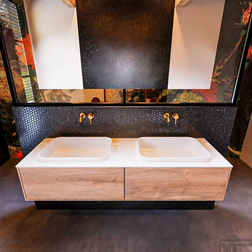 Badkamermeubelset Mondiaz Erin 150 Cm Met 2 Lades Met RIDGE Wastafel Dubbel Talc Zonder Kraangaten Greeploos Mat Washed Oak 1 Badkamermeubelset Mondiaz Erin 150 Cm Met 2 Lades Met RIDGE Wastafel Dubbel Talc Zonder Kraangaten Greeploos Mat Washed Oak