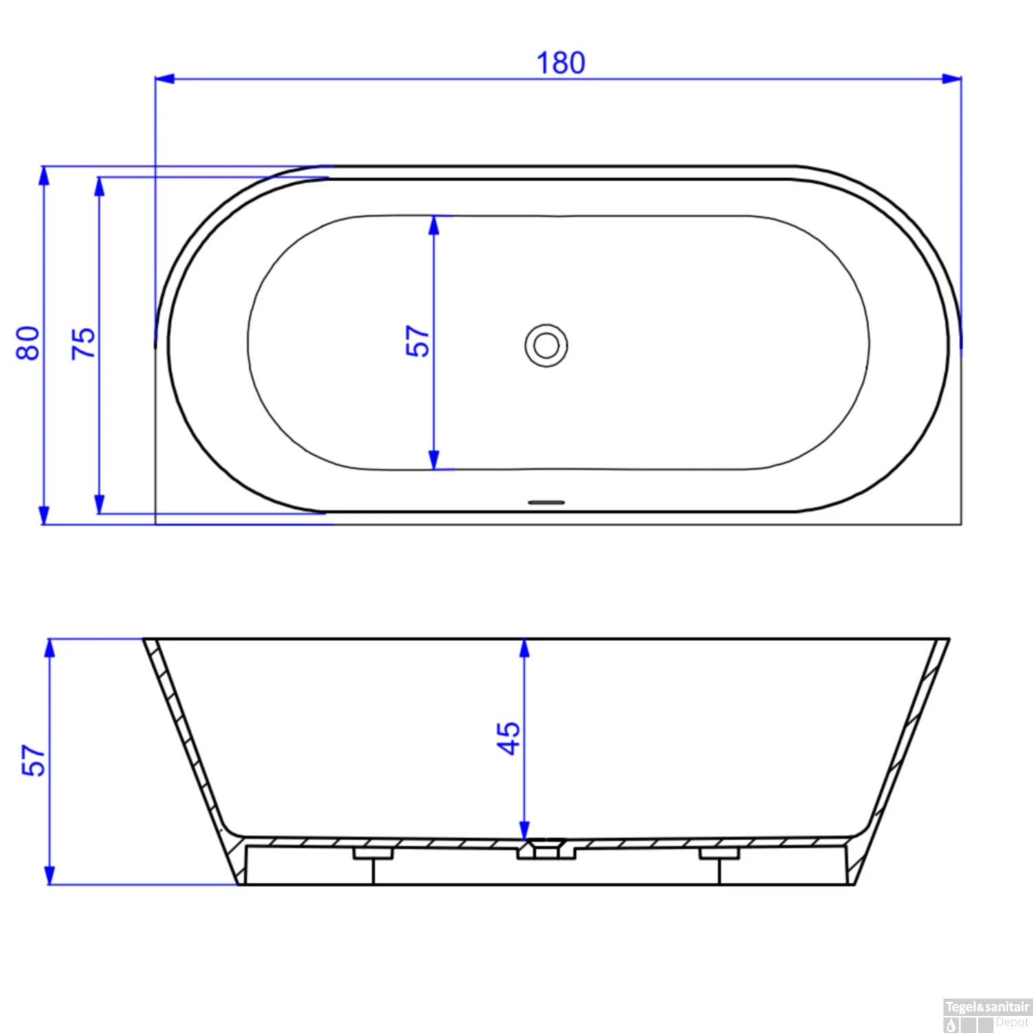 Half Vrijstaand Bad Arcqua Pinto Back To Wall 180x80x57 Cm Mat Zwart - Afbeelding 3