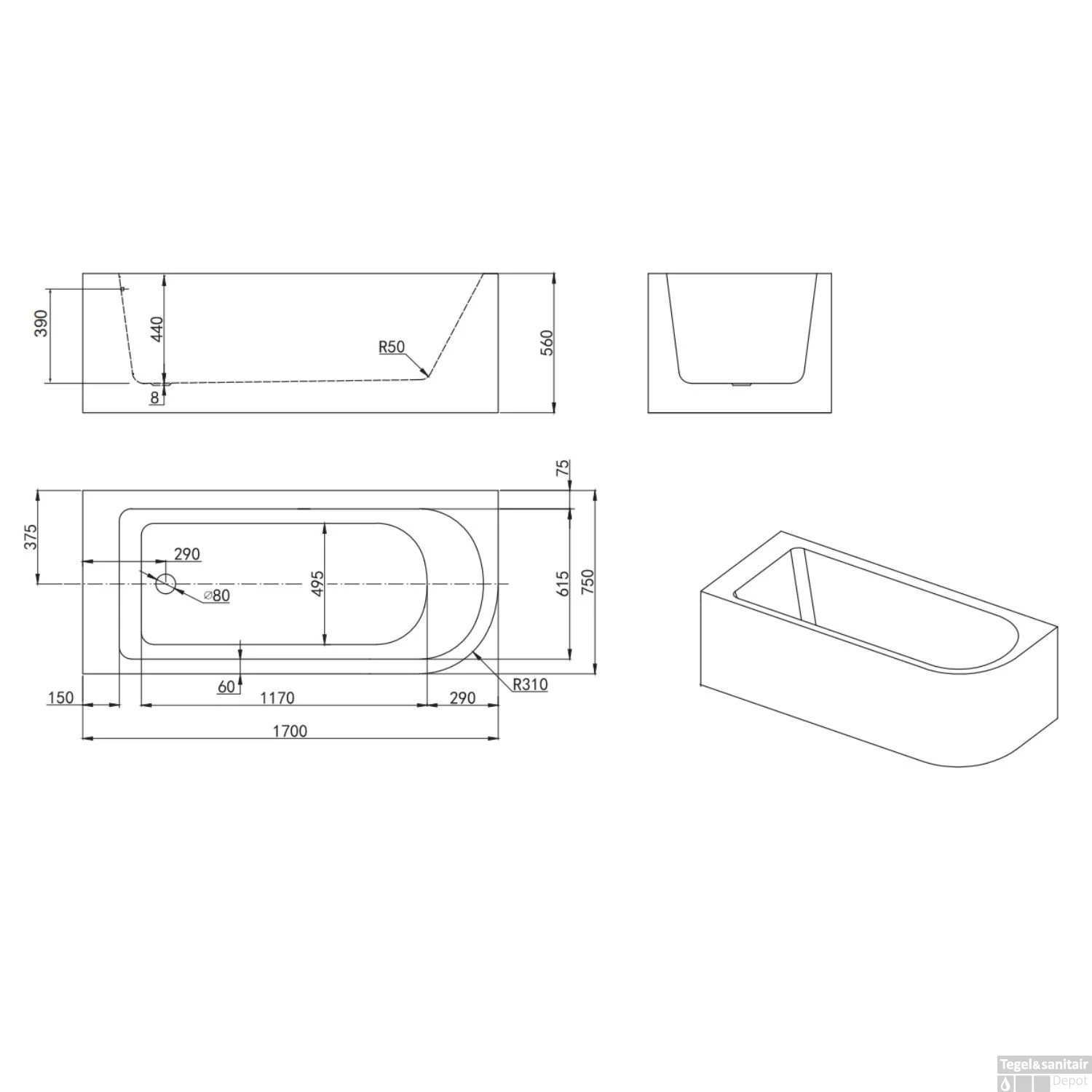 Hoekbad Allibert Serena 170x75x56 Cm Wit Links 7 Hoekbad Allibert Serena 170x75x56 Cm Wit Links - Afbeelding 7