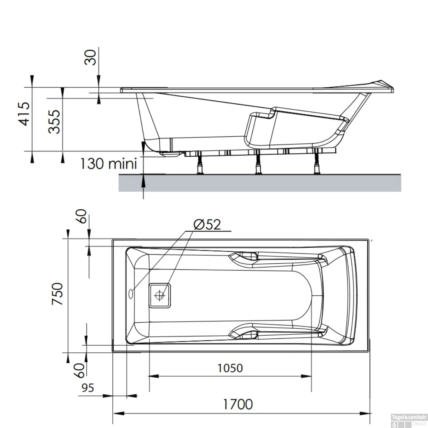 Ligbad Allibert Aero Confort Rechthoekig Bad 170x75x52 Cm Incl. Afvoerdeksel En Poten 6 Ligbad Allibert Aero Confort Rechthoekig Bad 170x75x52 Cm Incl. Afvoerdeksel En Poten - Afbeelding 6