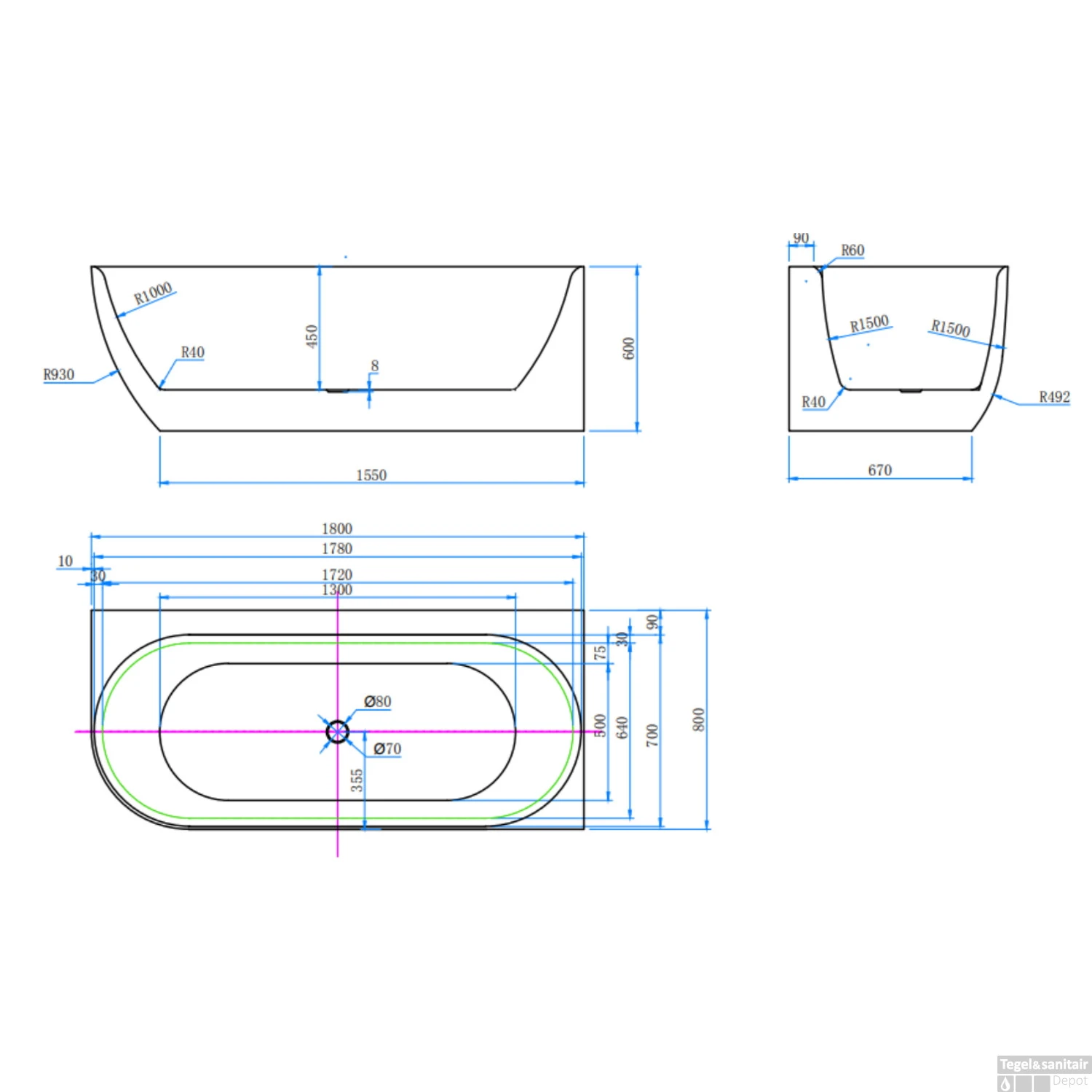 Ligbad Luca Sanitair Primo Hoekbad 180x80x60 Cm Links Afgerond Mat Wit - Afbeelding 2
