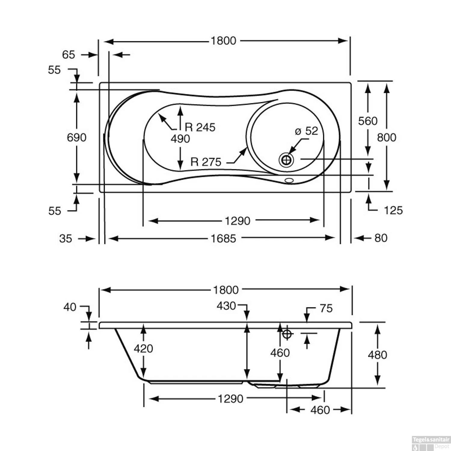 Douchebad Plieger Space Acryl 180x80x46 Cm Wit - Afbeelding 2
