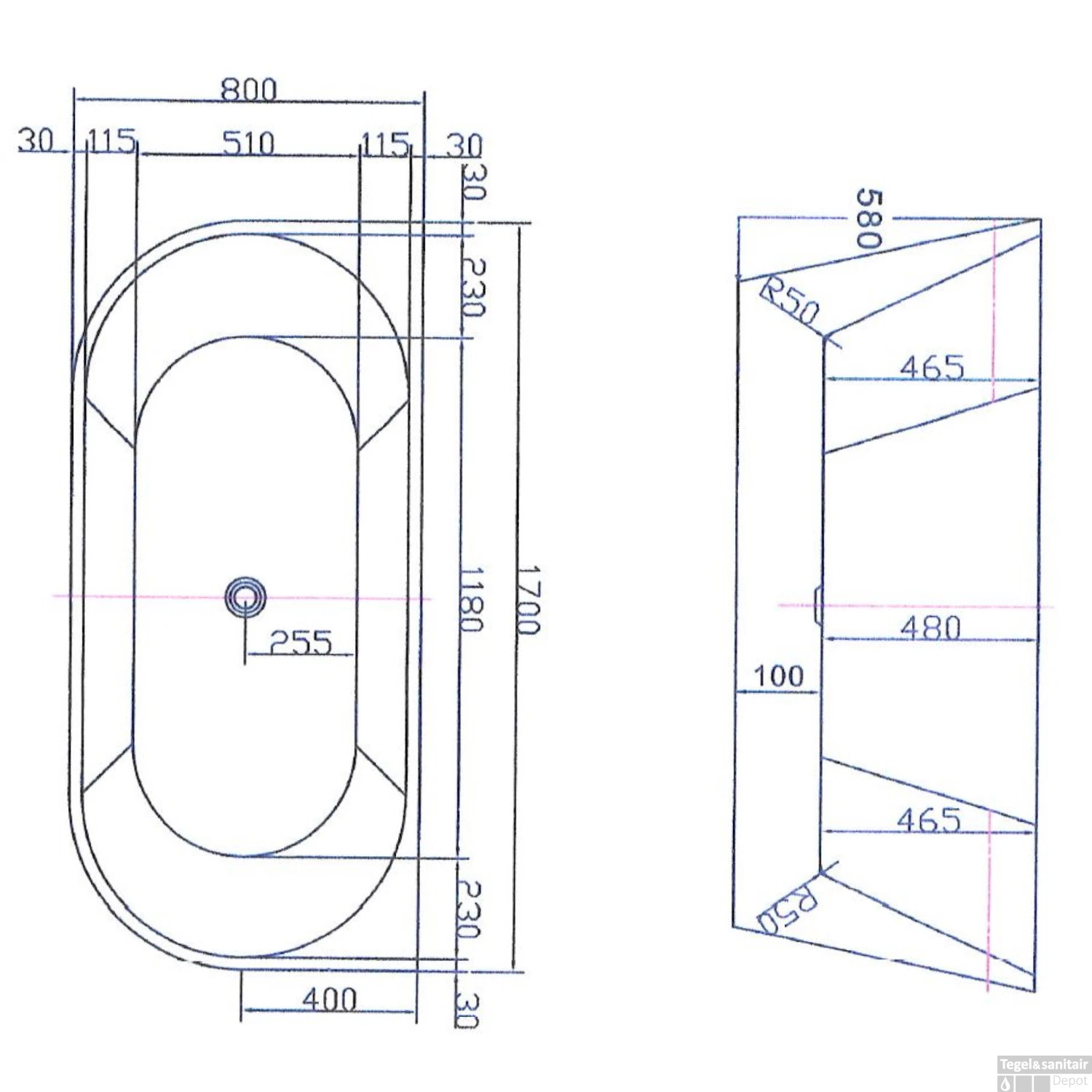 Ligbad NJOY Thalia 170x80 Cm Acryl Mat Wit Inclusief Afvoer En Badpotenset - Afbeelding 3