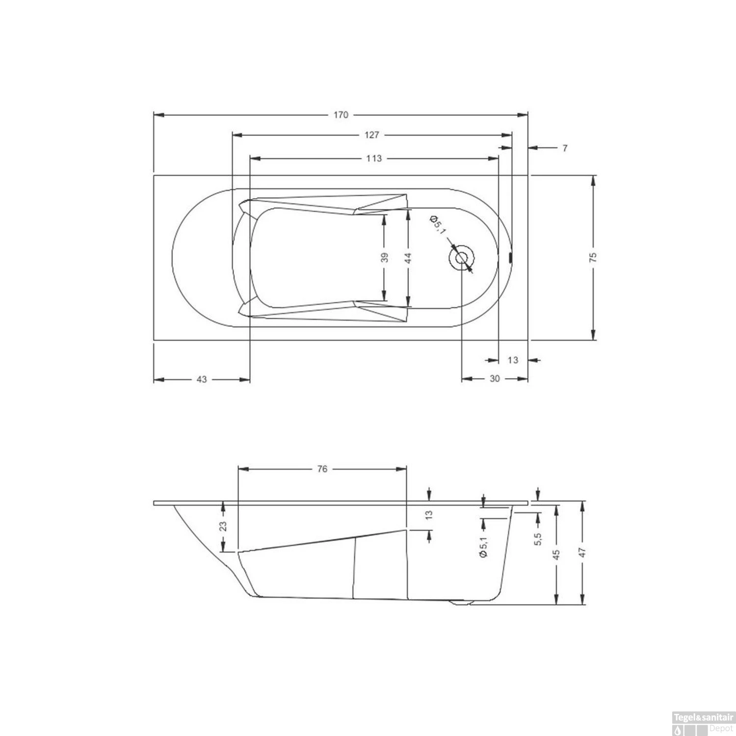 Ligbad Riho Lazy 170x75 Cm Bedieningsknop Midden Wit Glanzend - Afbeelding 3