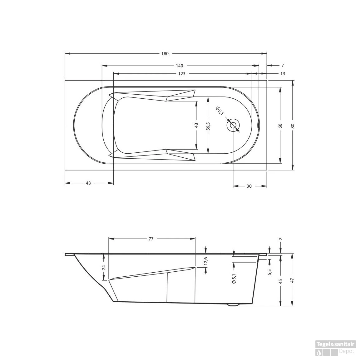 Ligbad Riho Lazy 180x80 Cm Bedieningsknop Midden Wit Glanzend 3 Ligbad Riho Lazy 180x80 Cm Bedieningsknop Midden Wit Glanzend - Afbeelding 3