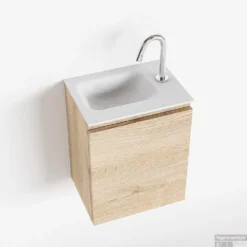 MONDIAZ OLAN 40cm Toiletmeubel Washed_oak. LEX Wastafel Talc Links 1 Kraangat