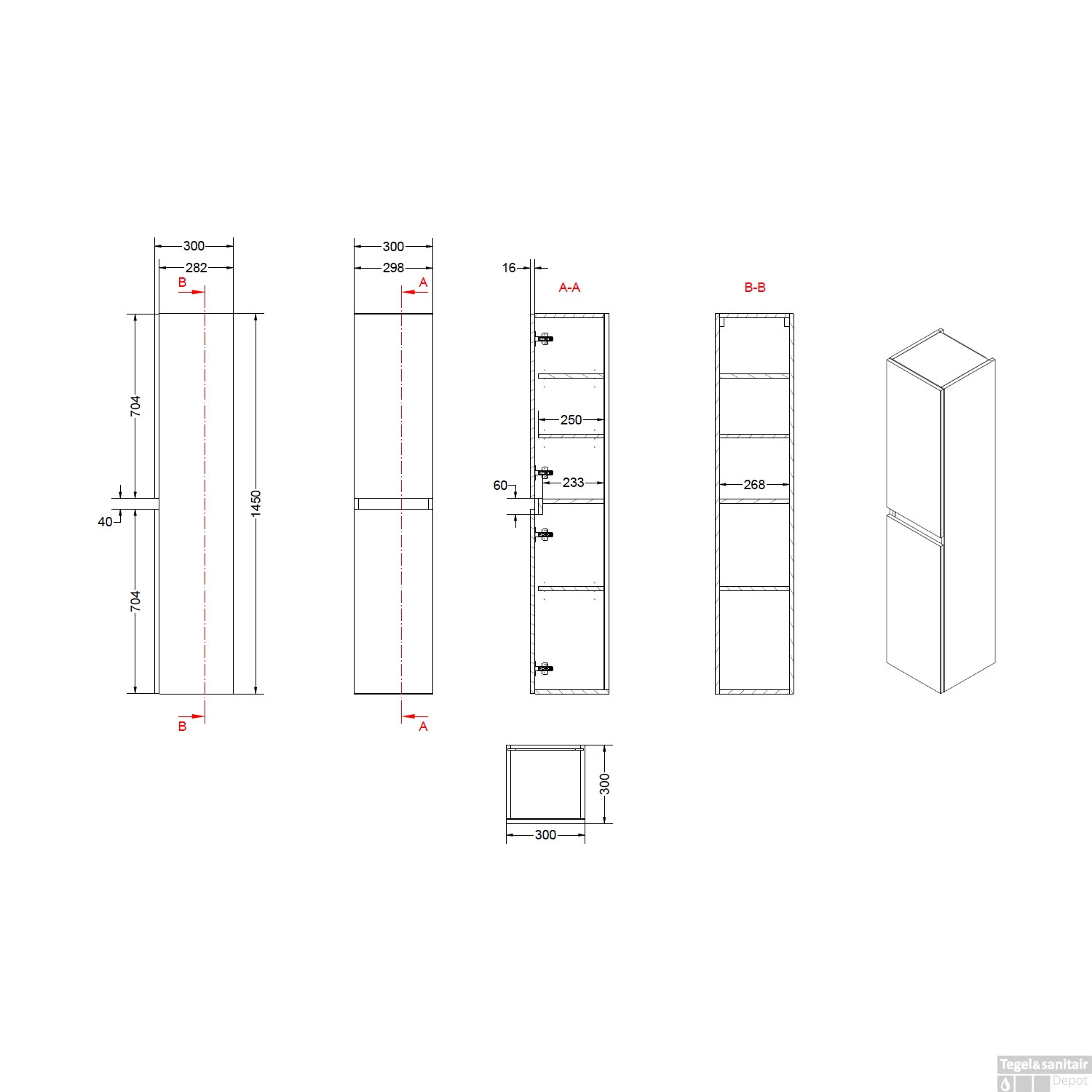 Badmeubelkast Boss & Wessing Pepper Hoge Kast Greeploos 2 Deuren 145x30x30 Cm Mat Antraciet 4 Badmeubelkast Boss & Wessing Pepper Hoge Kast Greeploos 2 Deuren 145x30x30 Cm Mat Antraciet - Afbeelding 4