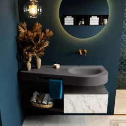 MONDIAZ RIVA 120cm Badmeubel Onderkast / Planchet Kleur Carrara Met 1 Lade. Wastafel DULCET Rechts 0 Kraangaten Kleur Dark_Grey.