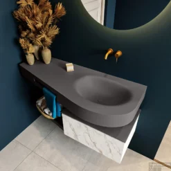 MONDIAZ RIVA 120cm Badmeubel Onderkast / Planchet Kleur Carrara Met 1 Lade. Wastafel DULCET Rechts 0 Kraangaten Kleur Dark_Grey. -Zalig Baden Verkoopwinkel riva onderkast carrara dulcet planchet dark grey top 0007
