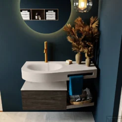 MONDIAZ RIVA 100cm Badmeubel Onderkast / Planchet Kleur Dark_Brown Met 1 Lade. Wastafel DULCET Links 1 Kraangat Kleur Linen.