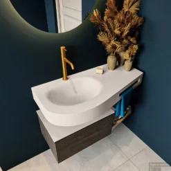 MONDIAZ RIVA 100cm Badmeubel Onderkast / Planchet Kleur Dark_Brown Met 1 Lade. Wastafel DULCET Links 1 Kraangat Kleur Linen. -Zalig Baden Verkoopwinkel riva onderkast dark brown dulcet planchet linen top 0004