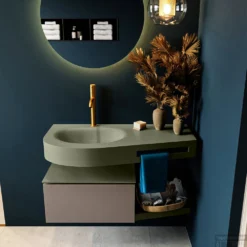 MONDIAZ RIVA 100cm Badmeubel Onderkast / Planchet Kleur Smoke Met 1 Lade. Wastafel DULCET Links 1 Kraangat Kleur Army.