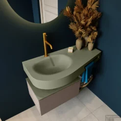 MONDIAZ RIVA 100cm Badmeubel Onderkast / Planchet Kleur Smoke Met 1 Lade. Wastafel DULCET Links 1 Kraangat Kleur Army. -Zalig Baden Verkoopwinkel riva onderkast smoke dulcet planchet army top 0004