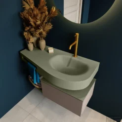 MONDIAZ RIVA 100cm Badmeubel Onderkast / Planchet Kleur Smoke Met 1 Lade. Wastafel DULCET Rechts 1 Kraangat Kleur Army. -Zalig Baden Verkoopwinkel riva onderkast smoke dulcet planchet army top 0005