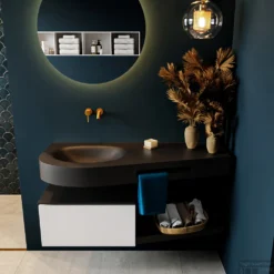 MONDIAZ RIVA 120cm Badmeubel Onderkast / Planchet Kleur Talc Met 1 Lade. Wastafel DULCET Links 0 Kraangaten Kleur Urban.