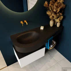 MONDIAZ RIVA 120cm Badmeubel Onderkast / Planchet Kleur Talc Met 1 Lade. Wastafel DULCET Links 0 Kraangaten Kleur Urban. -Zalig Baden Verkoopwinkel riva onderkast talc dulcet planchet urban top 0006