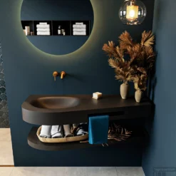 MONDIAZ RIVA 120cm Wastafel Met Planchet Kleur Urban. Wastafel DULCET Links 0 Kraangaten Kleur Urban.