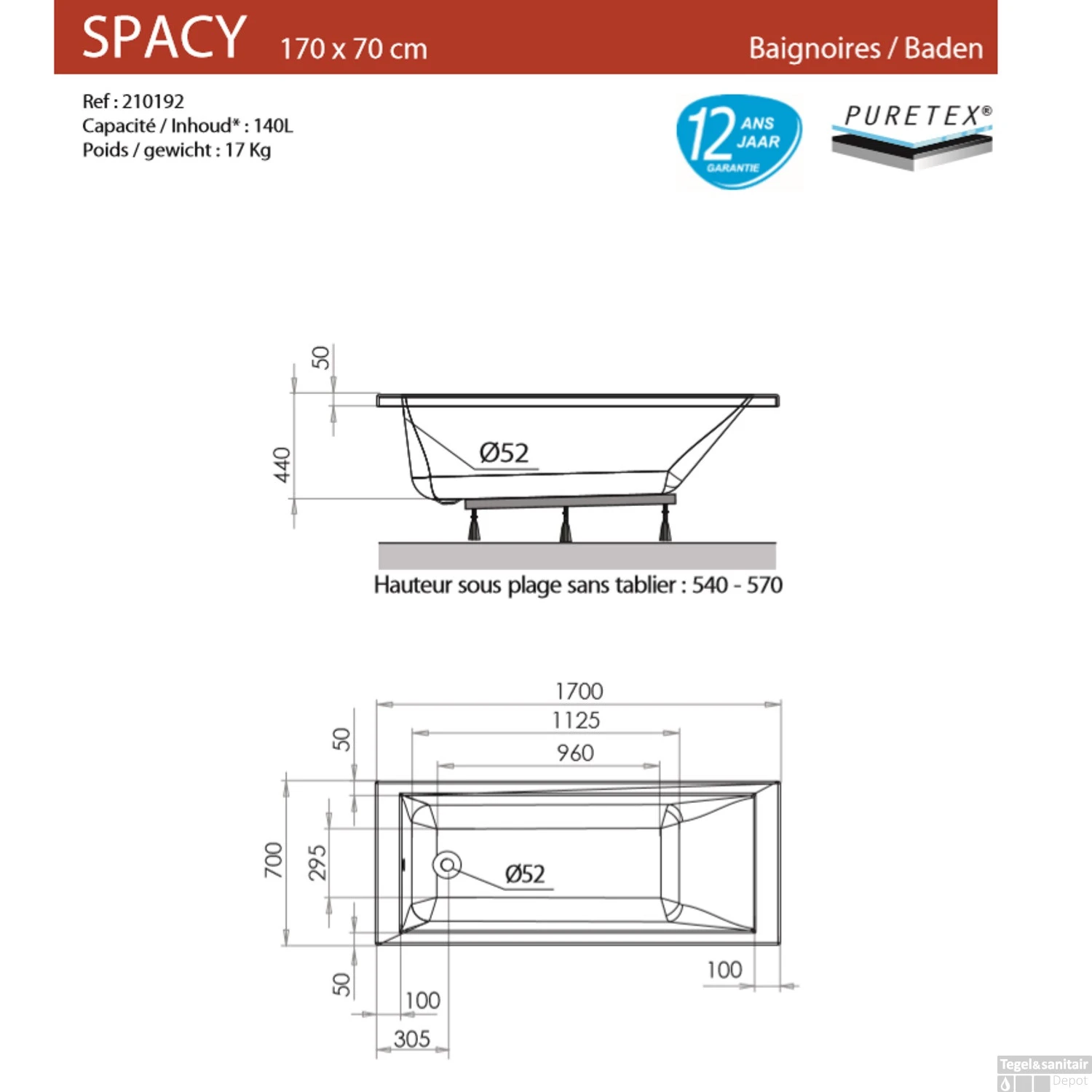Ligbad Allibert Puretex Spacy 170x70 Cm 2 Ligbad Allibert Puretex Spacy 170x70 Cm - Afbeelding 2