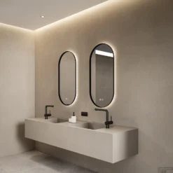 Spiegel Boss & Wessing Thyreos 40x100cm Ovaal Met Rand Mat Zwart LED Verlichting & Geïntegreerde Spiegelverwarming