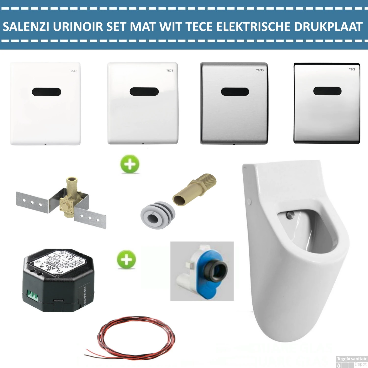 Urinoir Set Salenzi Hung Achterinlaat Mat Wit Met TECE Drukplaat Elektronisch Adaptor 1 Urinoir Set Salenzi Hung Achterinlaat Mat Wit Met TECE Drukplaat Elektronisch Adaptor