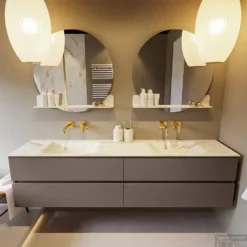 MONDIAZ VICA-DLUX 200cm Badmeubel Onderkast Smoke 4 Lades. Inbouw Wastafel CLOUD Dubbel Zonder Kraangat, Kleur Frappe. -Zalig Baden Verkoopwinkel vica dluxe inbouw cloud frappe smoke front1 0064