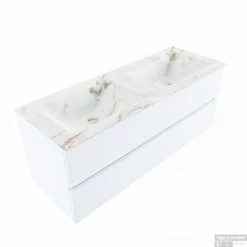 MONDIAZ VICA-DLUX 130cm Badmeubel Onderkast Talc 2 Lades. Inbouw Wastafel CLOUD Dubbel 2 Kraangaten, Kleur Frappe, En Spiegel Model SPOT