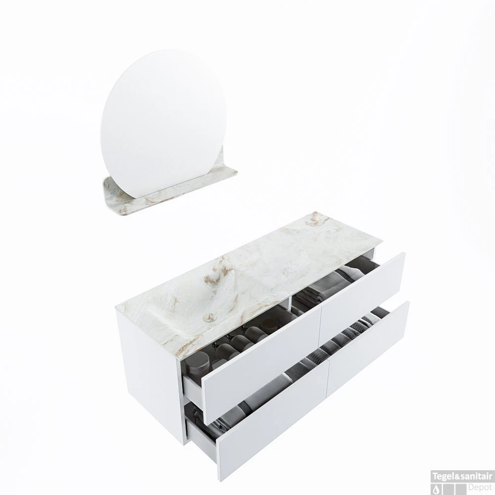 MONDIAZ VICA-DLUX 130cm Badmeubel Onderkast Talc 4 Lades. Inbouw Wastafel CLOUD Links 1 Kraangat, Kleur Frappe, En Spiegel Model SPOT 4 MONDIAZ VICA-DLUX 130cm Badmeubel Onderkast Talc 4 Lades. Inbouw Wastafel CLOUD Links 1 Kraangat, Kleur Frappe, En Spiegel Model SPOT - Afbeelding 4