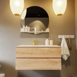 MONDIAZ VICA-DLUX 100cm Badmeubel Onderkast Washed Oak 2 Lades. Inbouw Wastafel CLOUD Links 1 Kraangat, Kleur Frappe, En Spiegel Model SPOT -Zalig Baden Verkoopwinkel vica dluxe inbouw cloud frappe washed oak front2 0012