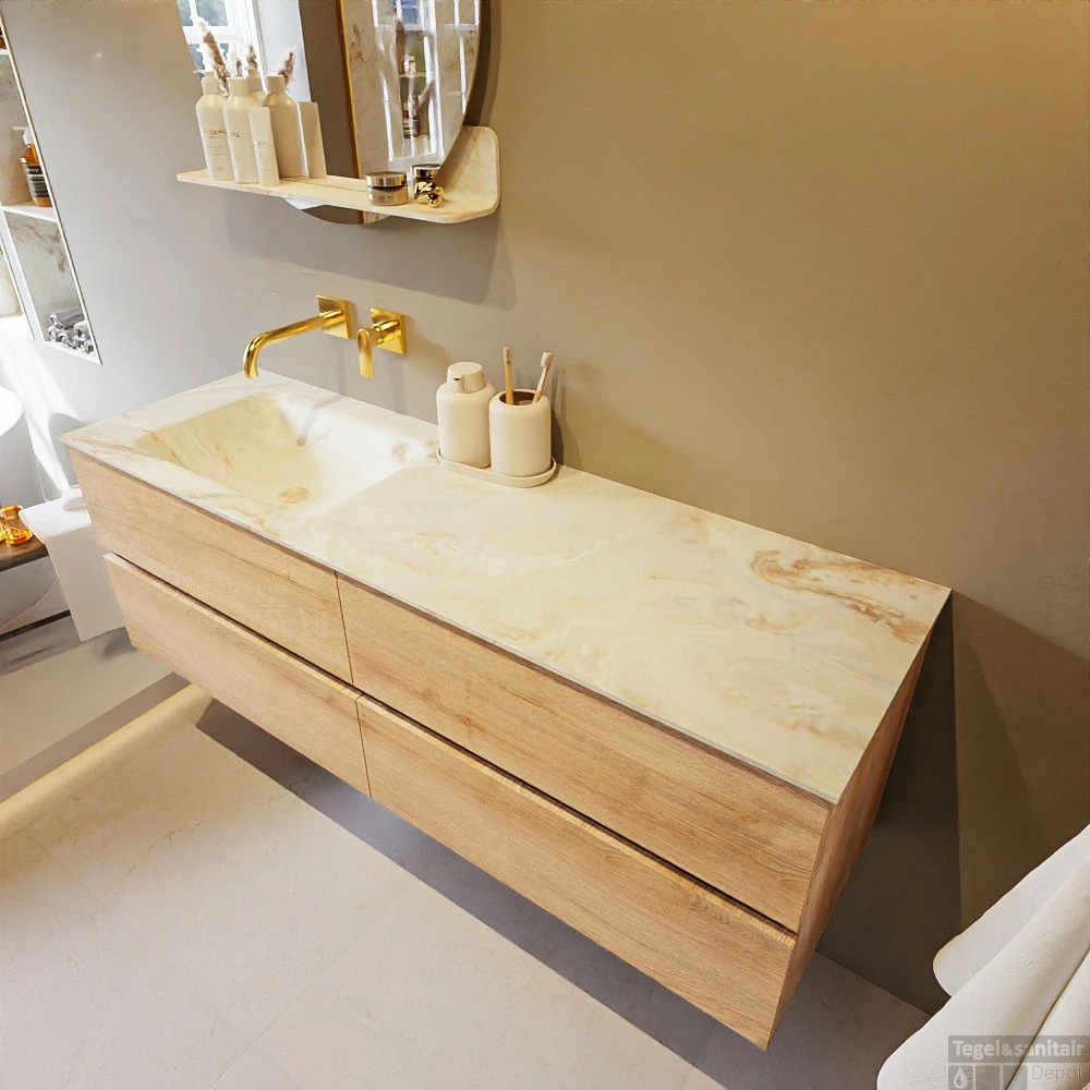 MONDIAZ VICA-DLUX 150cm Badmeubel Onderkast Washed Oak 4 Lades. Inbouw Wastafel CLOUD Links Zonder Kraangat, Kleur Frappe, En Spiegel Model SPOT 3 MONDIAZ VICA-DLUX 150cm Badmeubel Onderkast Washed Oak 4 Lades. Inbouw Wastafel CLOUD Links Zonder Kraangat, Kleur Frappe, En Spiegel Model SPOT - Afbeelding 3