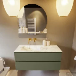 MONDIAZ VICA-DLUX 110cm Badmeubel Onderkast Army 2 Lades. Inbouw Wastafel CLOUD Links Zonder Kraangat, Kleur Glace, En Spiegel Model SPOT -Zalig Baden Verkoopwinkel vica dluxe inbouw cloud glace army front1 0015