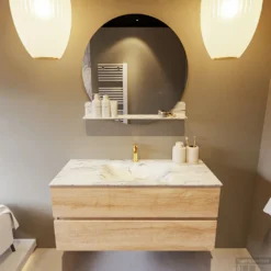 MONDIAZ VICA-DLUX 110cm Badmeubel Onderkast Washed Oak 2 Lades. Inbouw Wastafel CLOUD Midden 1 Kraangat, Kleur Glace. -Zalig Baden Verkoopwinkel vica dluxe inbouw cloud glace washed oak front1 0017