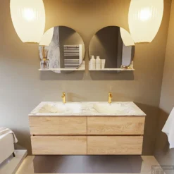 MONDIAZ VICA-DLUX 130cm Badmeubel Onderkast Washed Oak 4 Lades. Inbouw Wastafel CLOUD Dubbel 2 Kraangaten, Kleur Glace. -Zalig Baden Verkoopwinkel vica dluxe inbouw cloud glace washed oak front1 0055