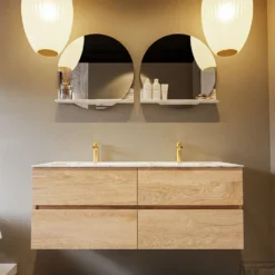 MONDIAZ VICA-DLUX 130cm Badmeubel Onderkast Washed Oak 4 Lades. Inbouw Wastafel CLOUD Dubbel 2 Kraangaten, Kleur Glace. -Zalig Baden Verkoopwinkel vica dluxe inbouw cloud glace washed oak front2 0055