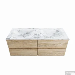 MONDIAZ VICA-DLUX 130cm Badmeubel Onderkast Washed Oak 4 Lades. Inbouw Wastafel CLOUD Dubbel 2 Kraangaten, Kleur Glace.