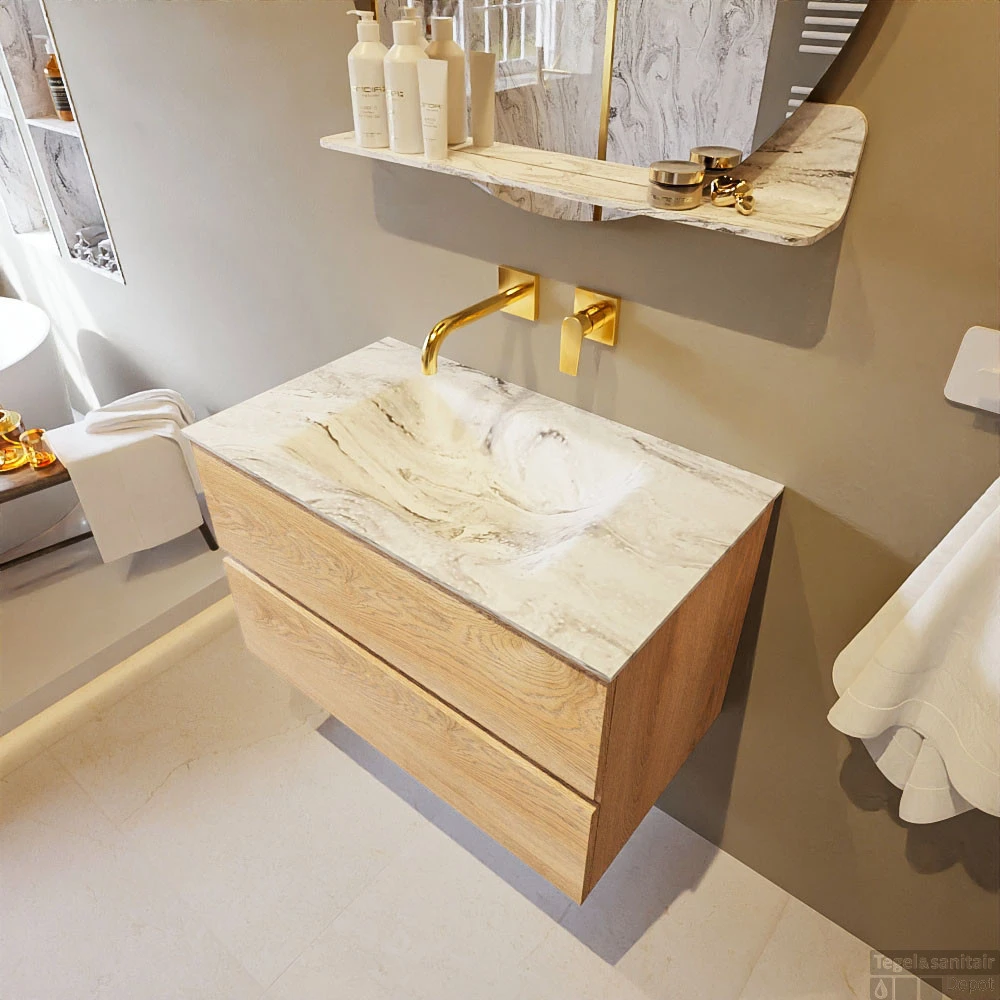 MONDIAZ VICA-DLUX 80cm Badmeubel Onderkast Washed Oak 2 Lades. Inbouw Wastafel CLOUD Midden Zonder Kraangat, Kleur Glace. 2 MONDIAZ VICA-DLUX 80cm Badmeubel Onderkast Washed Oak 2 Lades. Inbouw Wastafel CLOUD Midden Zonder Kraangat, Kleur Glace. - Afbeelding 2