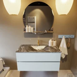 MONDIAZ VICA-DLUX 100cm Badmeubel Onderkast Clay 2 Lades. Inbouw Wastafel CLOUD Midden 1 Kraangat, Kleur Lava, En Spiegel Model SPOT -Zalig Baden Verkoopwinkel vica dluxe inbouw cloud lava clay front1 0011