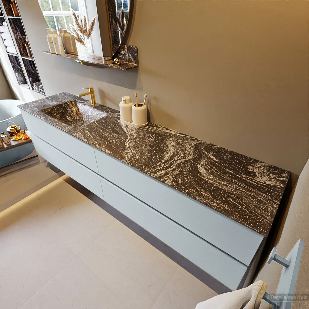 MONDIAZ VICA-DLUX 200cm Badmeubel Onderkast Clay 4 Lades. Inbouw Wastafel CLOUD Links 1 Kraangat, Kleur Lava. 3 MONDIAZ VICA-DLUX 200cm Badmeubel Onderkast Clay 4 Lades. Inbouw Wastafel CLOUD Links 1 Kraangat, Kleur Lava. - Afbeelding 3