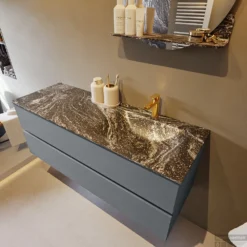 MONDIAZ VICA-DLUX 130cm Badmeubel Onderkast Plata 2 Lades. Inbouw Wastafel CLOUD Rechts 1 Kraangat, Kleur Lava, En Spiegel Model SPOT -Zalig Baden Verkoopwinkel vica dluxe inbouw cloud lava plata side1 0034 13132514389910