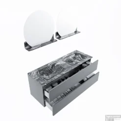 MONDIAZ VICA-DLUX 130cm Badmeubel Onderkast Plata 2 Lades. Inbouw Wastafel CLOUD Rechts 1 Kraangat, Kleur Lava, En Spiegel Model SPOT -Zalig Baden Verkoopwinkel vica dluxe inbouw cloud lava plata sp google 3 0035